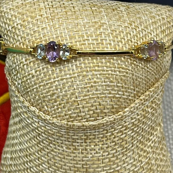 Vintage Gold-Over-Sterling Purple Gemstone Bracelet - 7” Stamped OBJ 925 - Picture 3 of 17